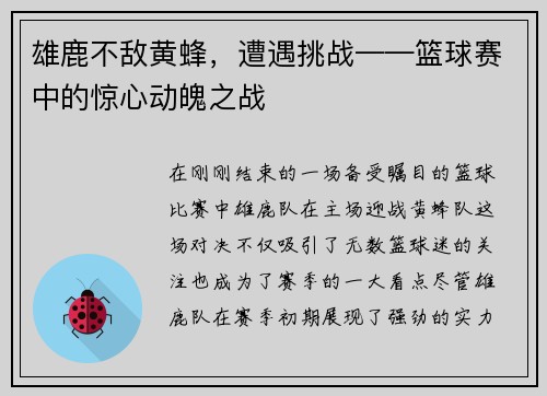 雄鹿不敌黄蜂，遭遇挑战——篮球赛中的惊心动魄之战